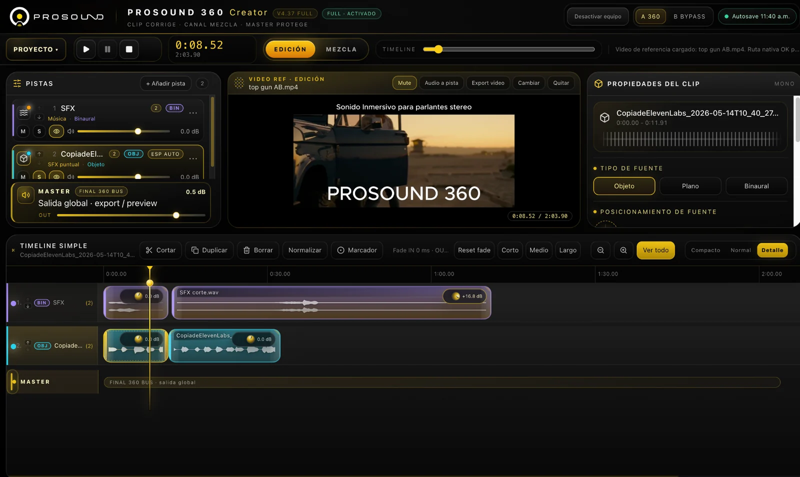 Actual PROSOUND 360 Creator Edit mode with reference video and sound clips on the timeline