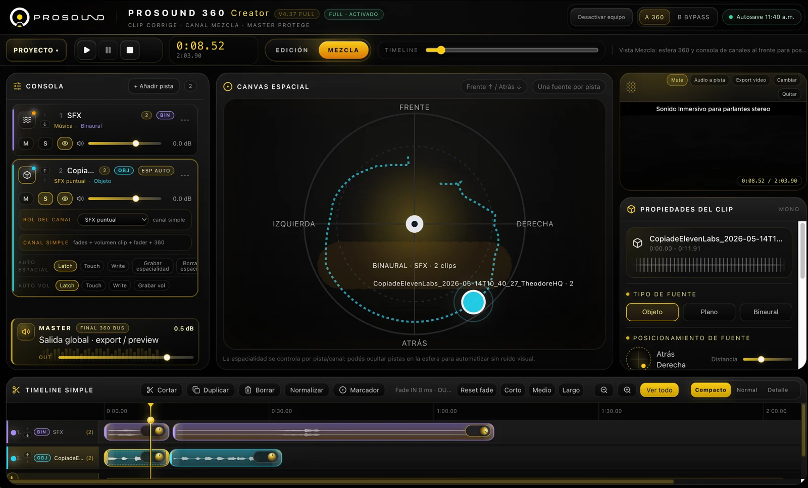 Actual PROSOUND 360 Creator Mix mode interface with spatial canvas, channels and timeline