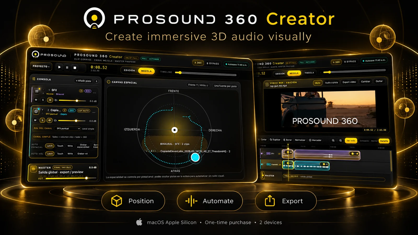 PROSOUND 360 Creator promotional overview showing spatial canvas and video editing workspace