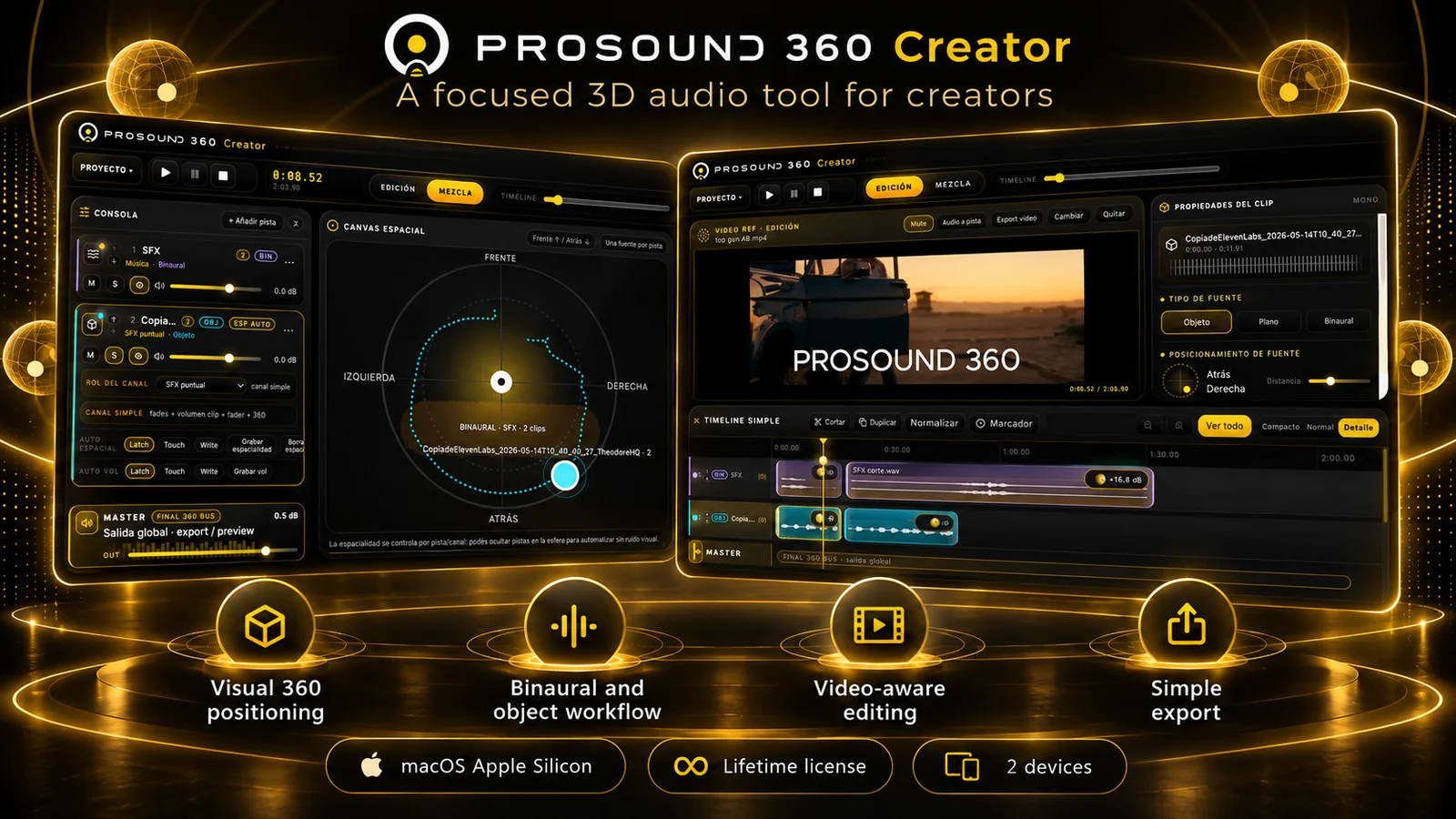 PROSOUND 360 Creator promotional feature overview with mixing and editing screens