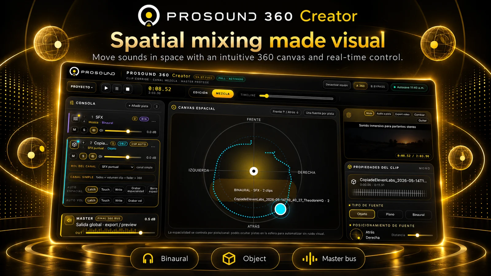 Promotional illustration of Creator spatial mixing view with 360 degree sound positioning