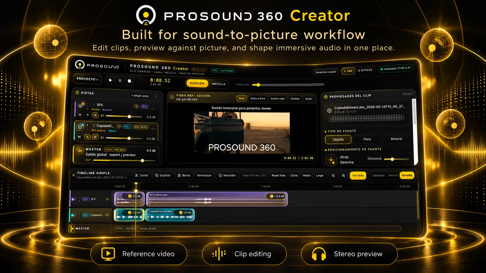 Promotional illustration of Creator editing view with reference video and audio timeline