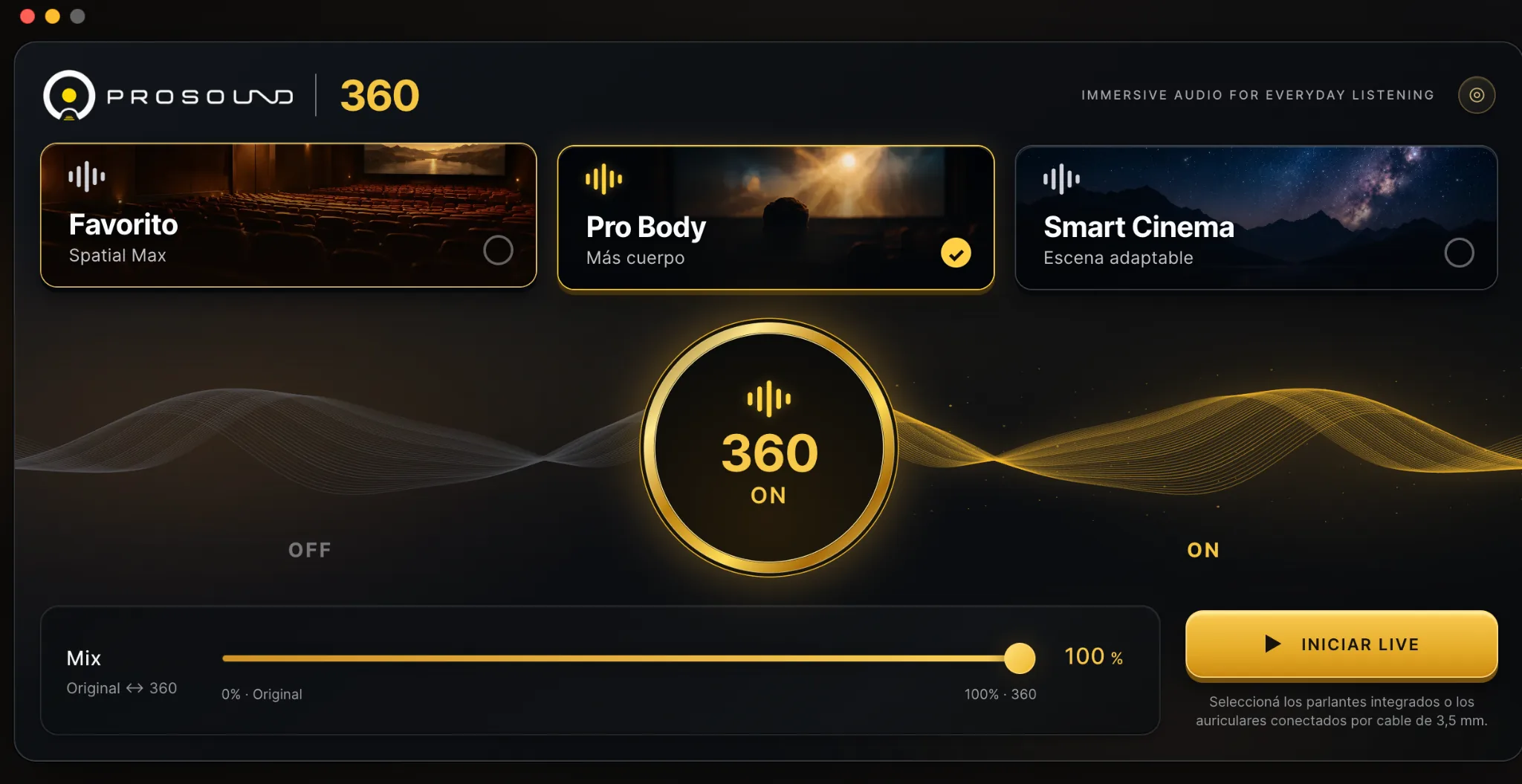 Real development screenshot of ProSound 360 interface; final retail interface may differ