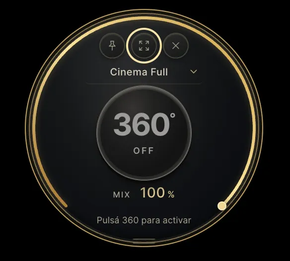 Actual ProSound 360 ON orbital compact interface showing one-button activation, Cinema Full mode and MIX intensity
