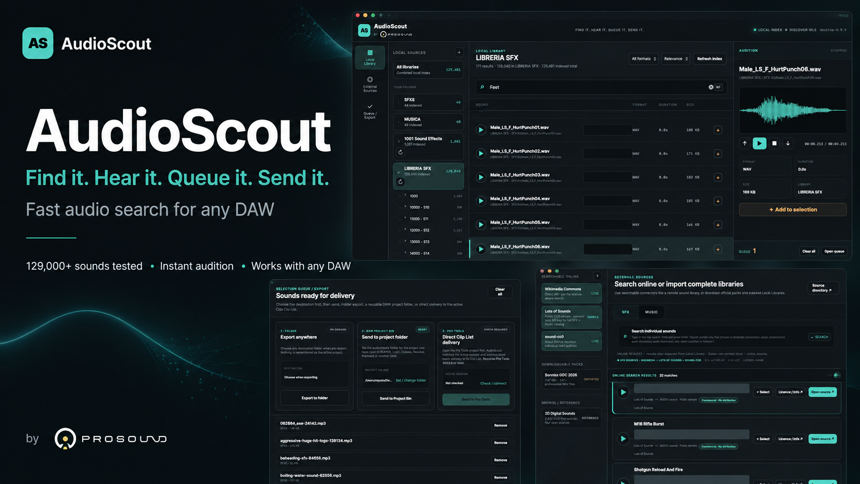 AudioScout SFX library manager showing local sound search, Queue and External Sources