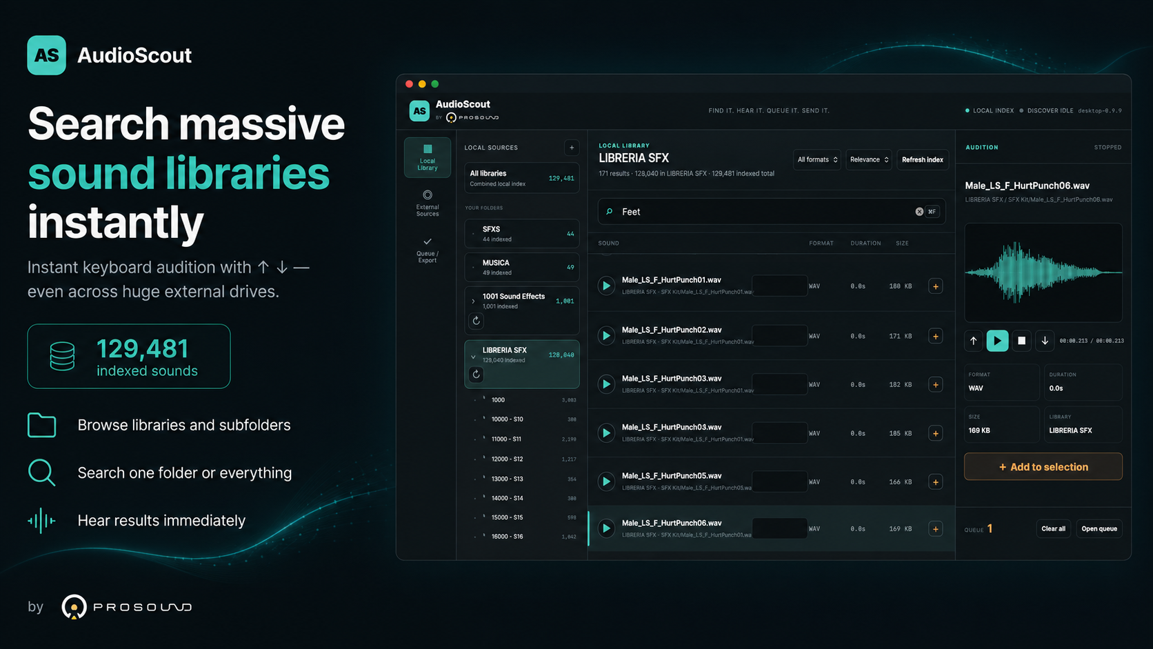 AudioScout local SFX library search with more than 129000 indexed sounds