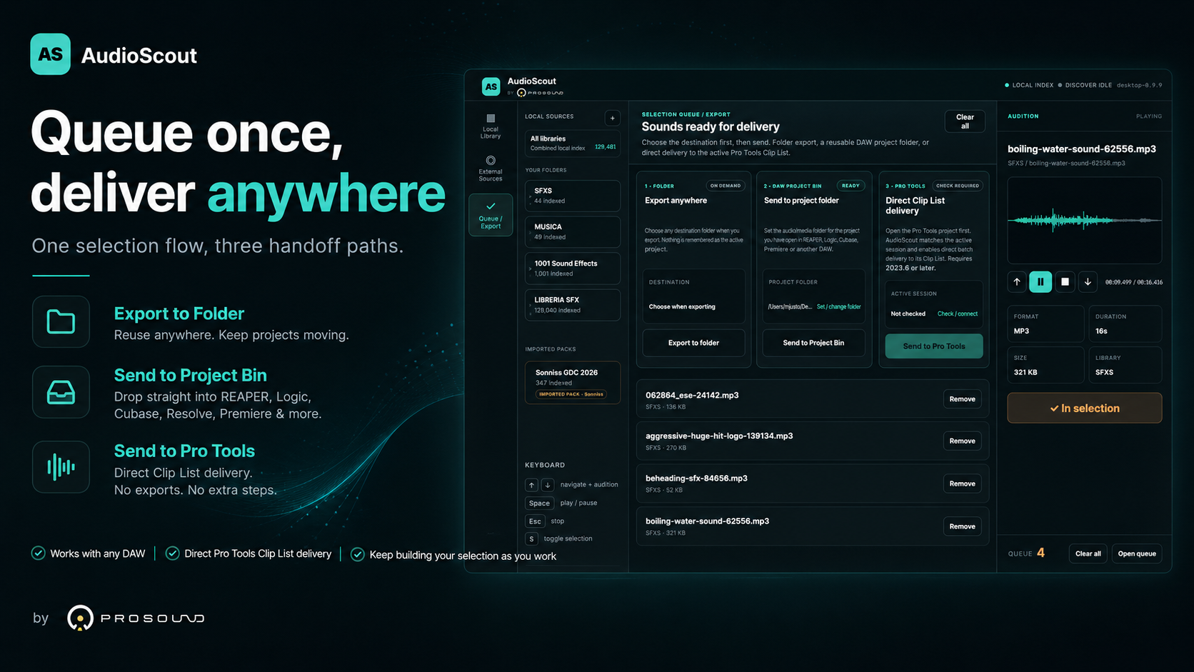 AudioScout Queue, Export to Folder and DAW Project Bin workflow